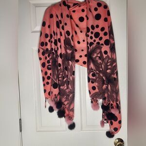 QC Quality.Co Pink Brown Polka Dots Floral Fringe Women's Scarf Wrap 26"×68"
